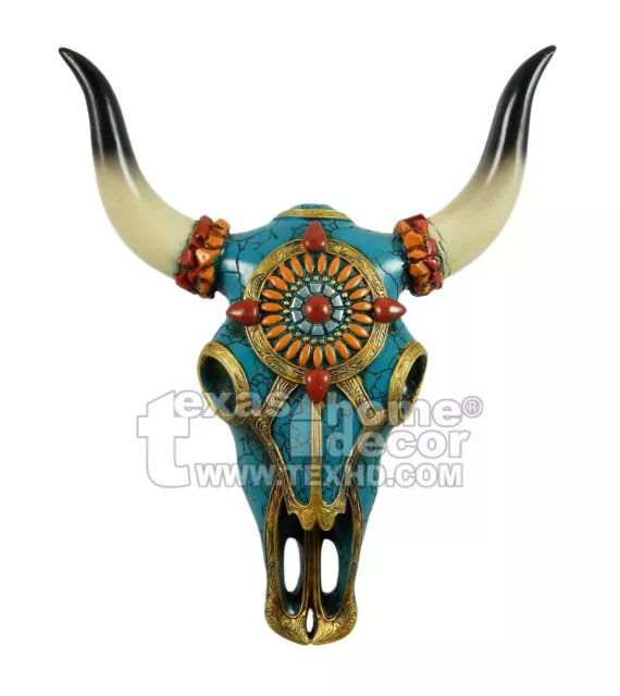 Southwestern Turquoise Orange Gold Faux Longhorn Steer Wall Mounted Cow Skull