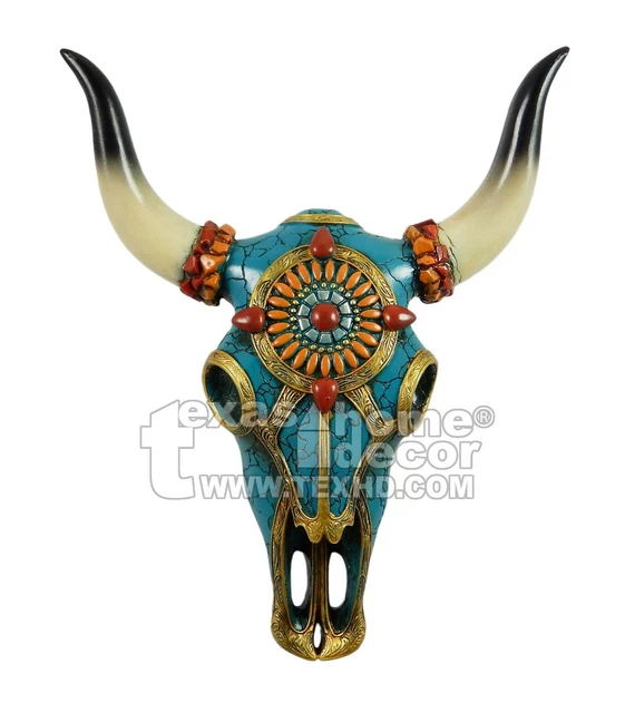 Southwestern Turquoise Orange Gold Faux Longhorn Steer Wall Mounted Cow Skull