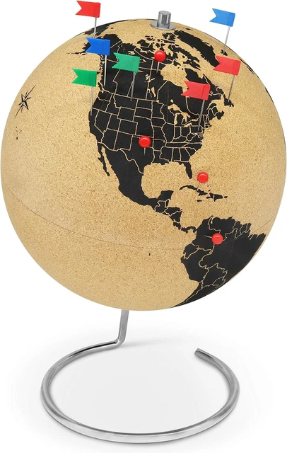 Grande Mappamondo in Sughero Alto 33 Cm Con 54 Spilli Diversi - Mappamondo Girev