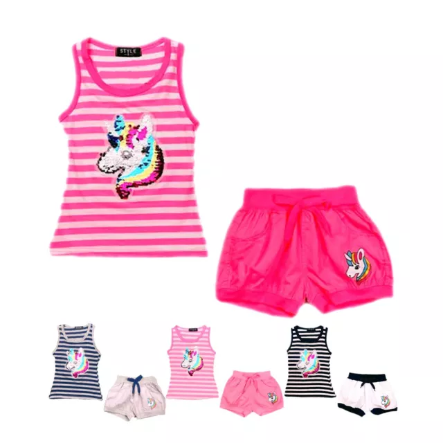 Girls Unicorn Outfit Shorts Set Vest Top Striped Sequin 2 Piece Summer Tank Tee