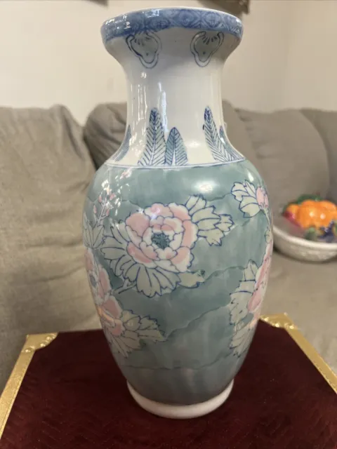 Vintage Chinese Watercolor Blue Pink White Floral Chinoiserie Vase Made In 1940s