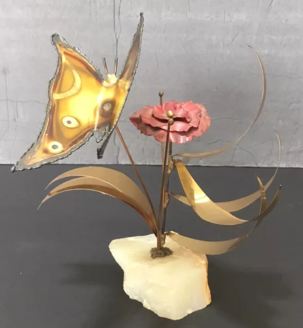 VINTAGE METAL COPPER Brass Butterfly Flower Sculpture Onyx Base Artist ...