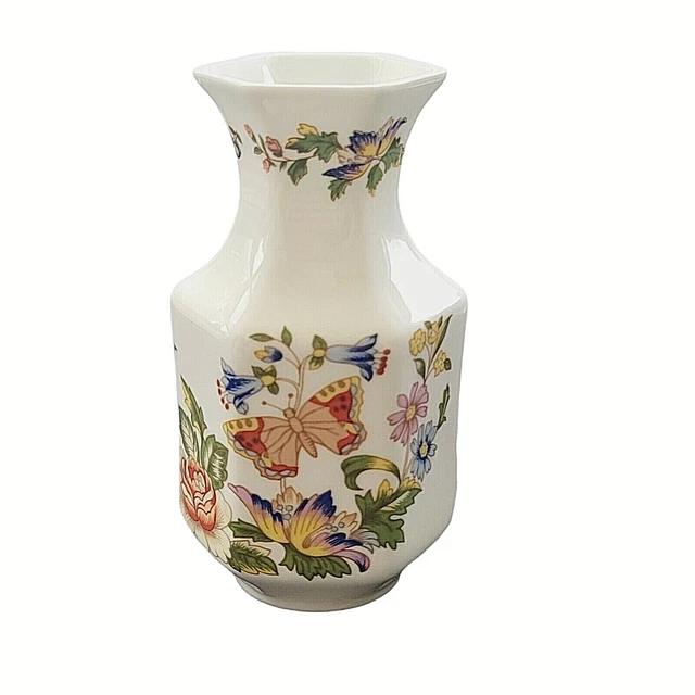 AYNSLEY Fine Bone China England Cottage Garden Floral Butterfly Hexagon Bud Vase