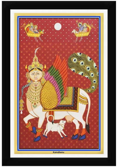 Pichwai Vedic Kamdhenu Enmarcado Pintura Tamaño 34.3X49.5cm