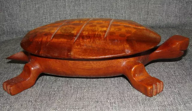 Vintage Wooden Carved Turtle Box 8" Long Dark Brown Trinket Jewelry