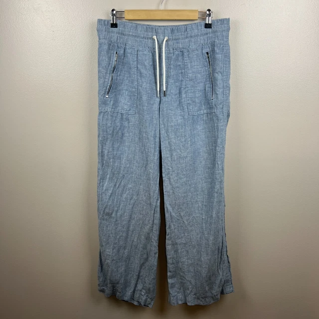 ATHLETA CABO LINEN Wide Leg Pants Size 10 Blue Beach Vacation