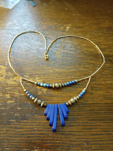 Vtg Spike Necklace Tribal Blue Lapis Sterling Silver Native Rose Bead Turquoise