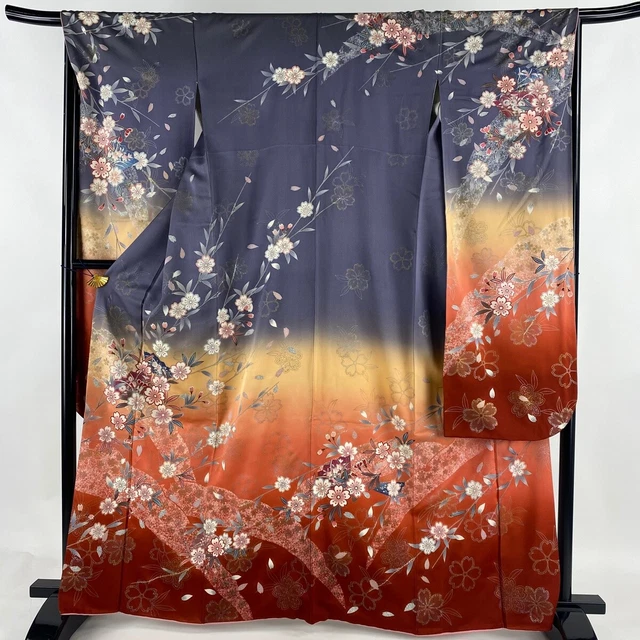 Japanese Kimono Silk Furisode Long Sleeves Gold Leaf  Cherry Snow Purple 64"