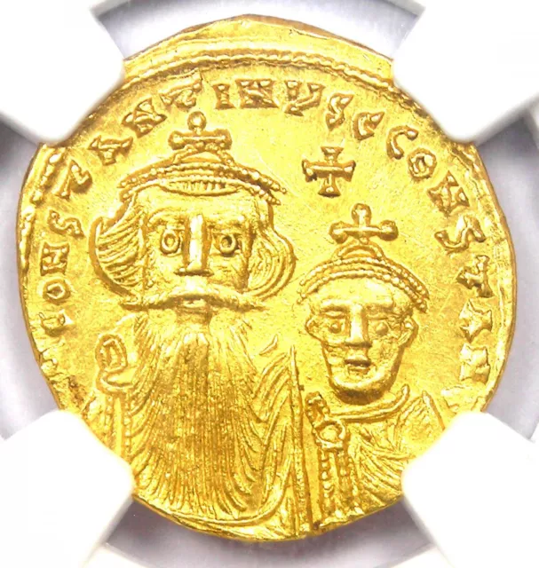 Constans II & Constantine IV AV Solidus Gold Coin 654 AD. Certified NGC MS (UNC)
