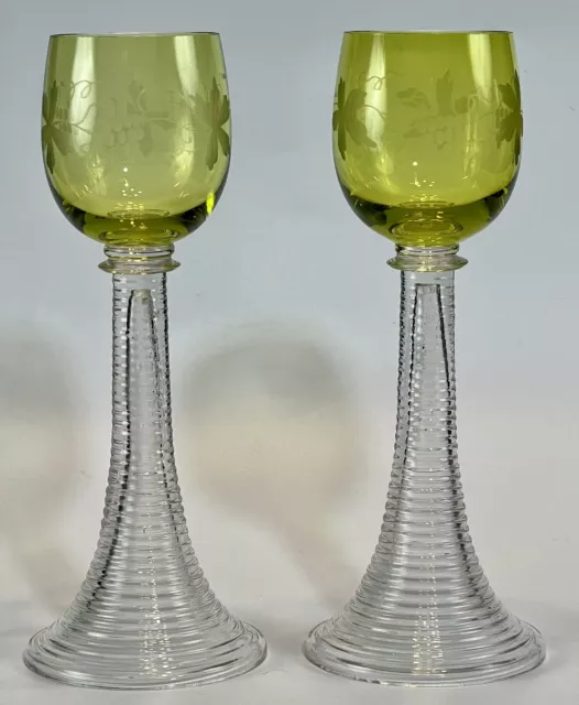 Pair of Bohemian Yellow Roemer Wine Glasses Goblets Leaves Grapes Cutting