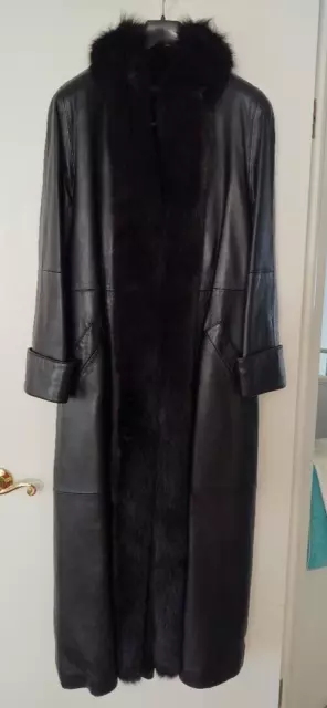 THE FUR VAULT Black Fox-Trim & Rabbit-Fur-Lined Leather Maxi Coat S