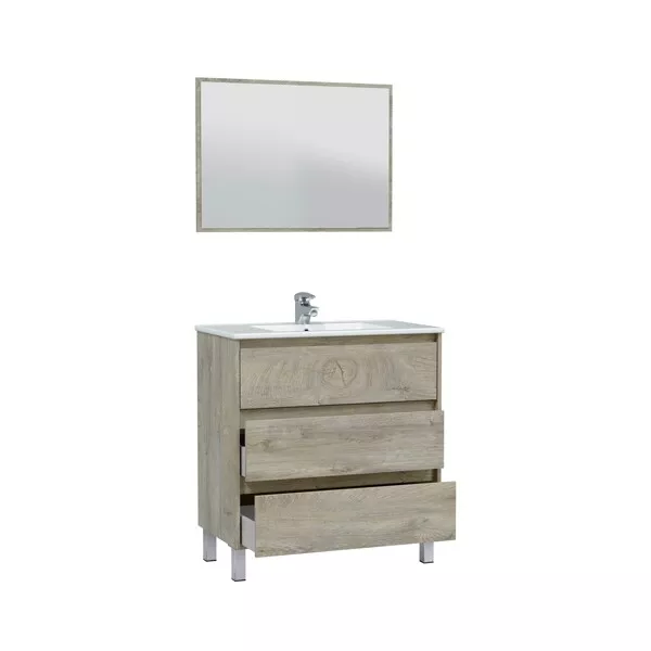 Mobile Bagno 3 Cassetti 80 Cm Con Lavabo Specchio E Colonna Dakota Rovere Alaska