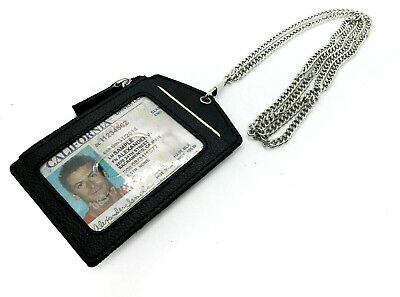 Black Premium Genuine Leather ID Badge Holder Lanyard Metal Chain Zip Wallet