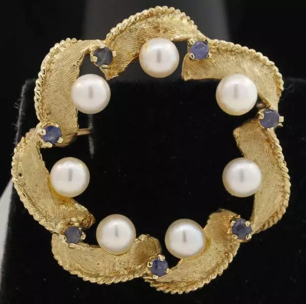 14k Yellow Gold Blue Sapphire Pearl Vintage Brooch Pin 5.7 Grams