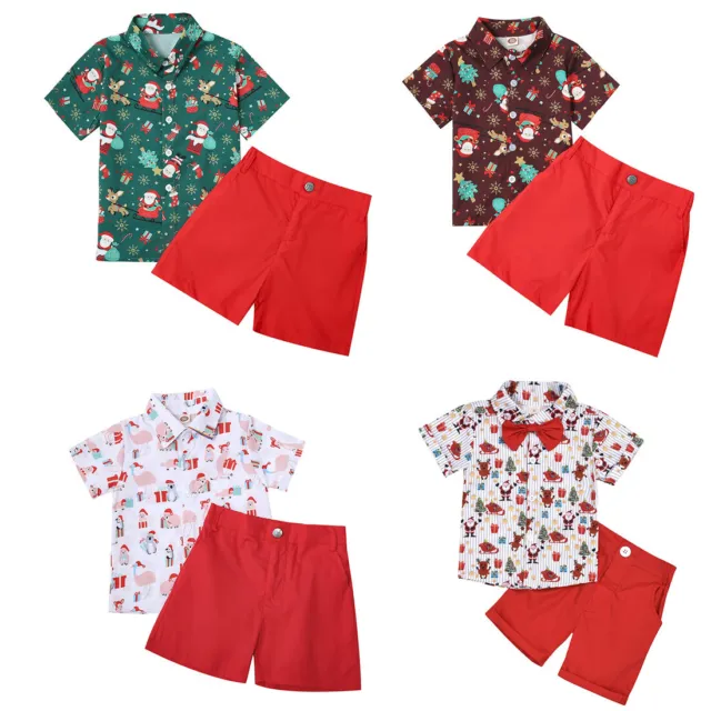 Christmas Toddler Kids Baby Boy Short Sleeve T Shirt Red Shorts Gentleman Suit