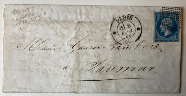 France lettre N°14A CERCLE DE POINTS pour SAUMUR du 6-02-1860 BOUCHON de PARIS