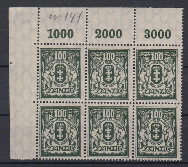 Danzig 141 Eckrand links oben 6er Block Kleines Staatswappen 100 M postfrisch
