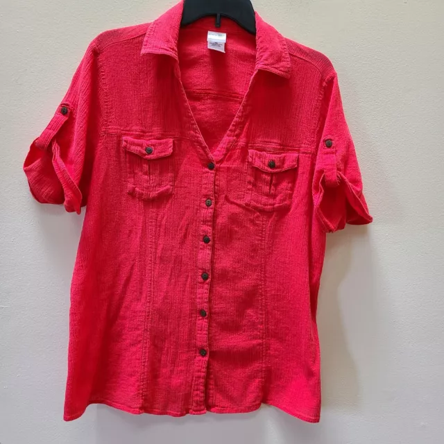 Just My Size Womens Plus 2X Top Short Tab Sleeve Red Button Up Shirt