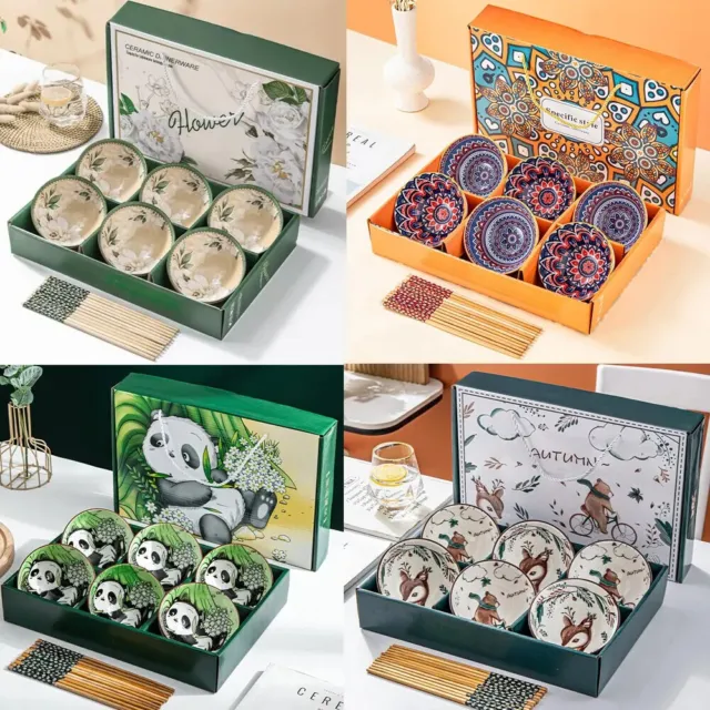 Ceramic Bowls Chopsticks Set With Gift Box Dishes Japanese Hand-Painted Cartoon