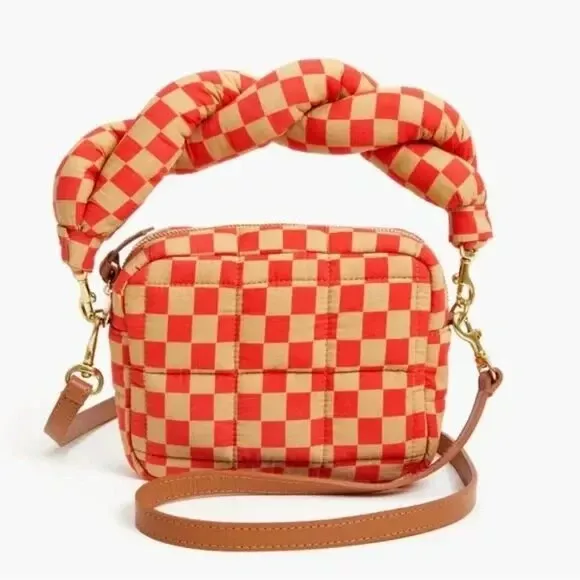 $265 CLARE V. Lucie Quilted Checker Crossbody Bag Poppy/Khaki NWT