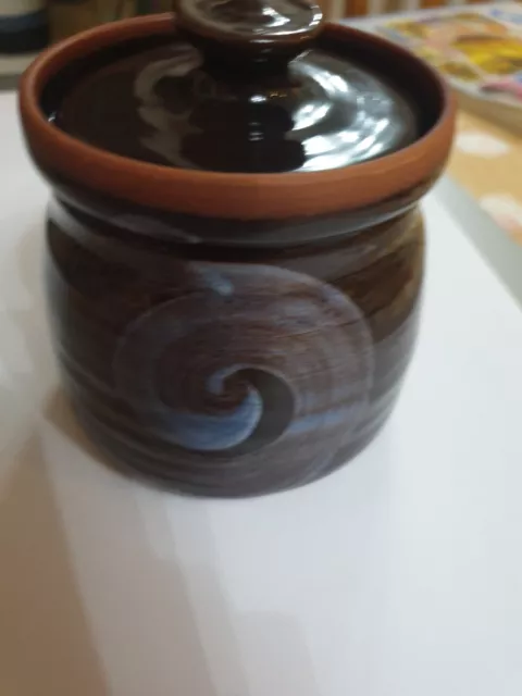 Studio Pottery Dark Brown Terracotta Glazed Small Pot Lid Sugar Jam Hand Thrown