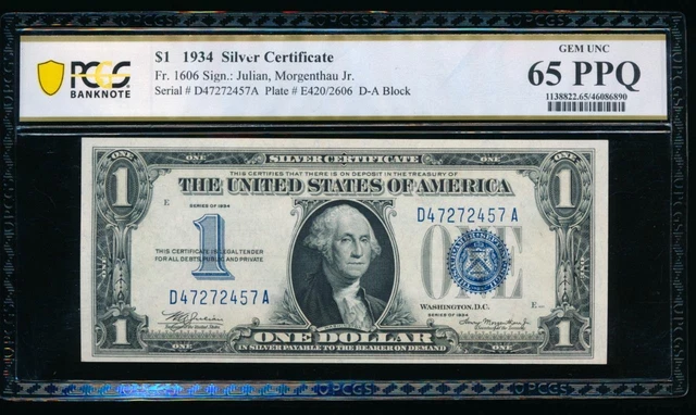 AC 1934 $1 Silver Certificate PCGS 65 PPQ D-A block  Fr 1606