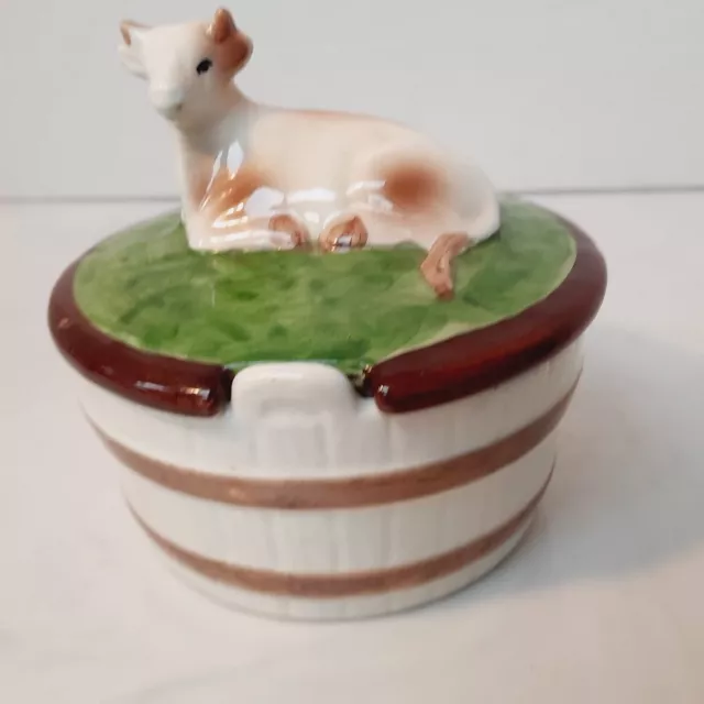 Vintage Pottery Country Cow on Grass Sugar Bowl Dish with Lid made in Portugal