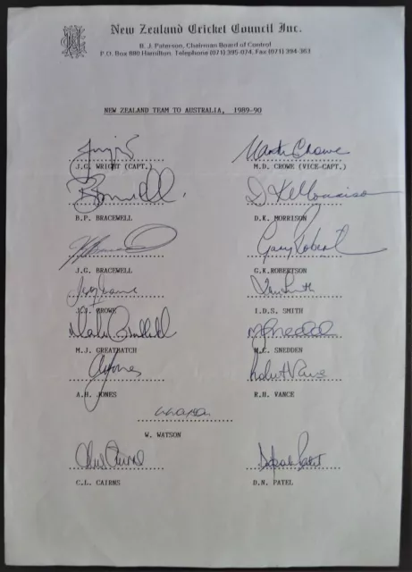 New Zealand To Australia 1989-90 Official Cricket Autograph Team Sheet