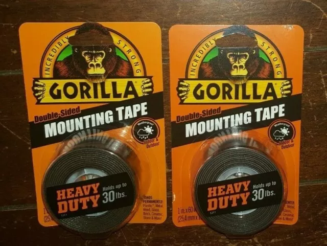 2 cintas de montaje de doble cara para gorilas (NEGRA) resistentes a la intemperie (cada rollo: 1"" x 60""