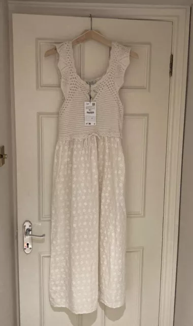 Zara Ecru Knit Floral Cut Embroidery Dress, Size XS-S, BNWT, RP £50