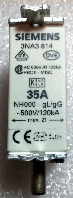 Fusible Siemens 500V 35A 120kA 3NA3 814 - Lien Nh000 - Type de couteau NH...
