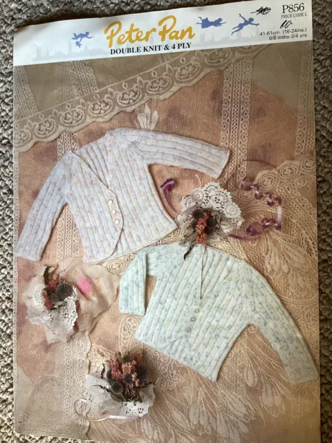 Vintage Peter Pan Baby Knitting Pattern Leaflet P856 Ribbed Cardigans 4 & 8 Ply
