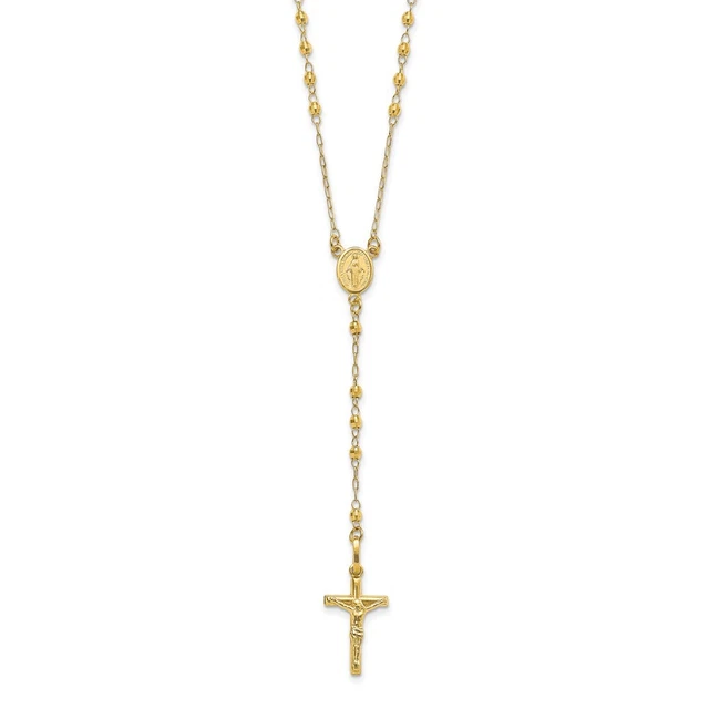 Real 14K Yellow Gold Polished Faceted Beads Rosary Necklace; 23.5 inch Real 14K Yellow Gold Polished Faceted Beads Rosary Necklace; 23.5 inch