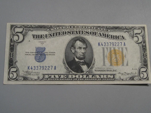 Higher Grade (VF++) 1934-A Yellow Seal $5 N. Africa Silver Certificate K/A Block