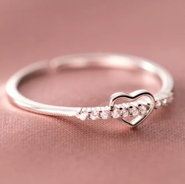 Women Girls 925 Sterling Silver Crystal Heart Adjustable Ring Jewellery Gift UK