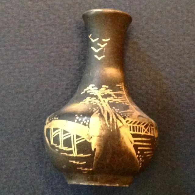 ~ Antique Japanese Black and Gold Satsuma Miniature Vase  -  Showa Era