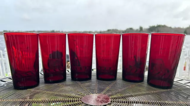 6 Vintage Straight Flat Tumblers in RUBY RED by  Anchor Hocking Drinking Glass