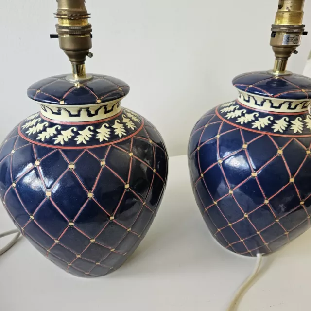Pair Of large ceramic table lamps Blue/White Bamboo Pre owned Leaf Motif