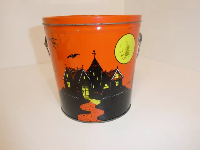VTG Halloween Metal Tin Litho Candy Bucket Witch Ghost Skeleton Taiwan 6” High