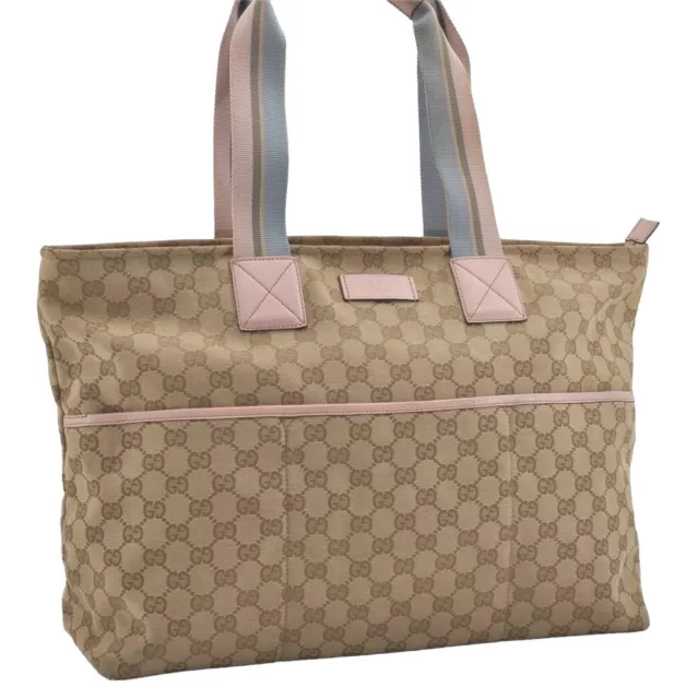 Authentic GUCCI Shoulder Mothers Tote Bag GG Canvas Leather 155524 Beige 8080I