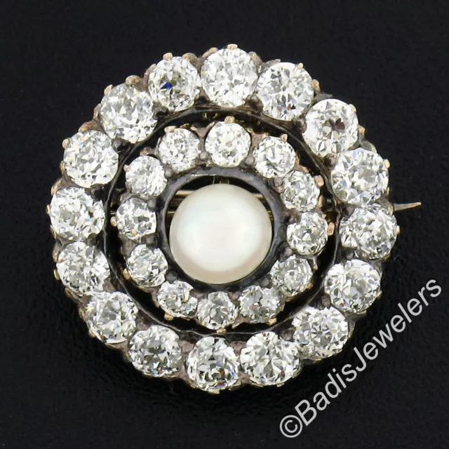 Antique Victorien 14k Or 2.2ctw Diamant & Perle Double Cercle Broche Pendentif