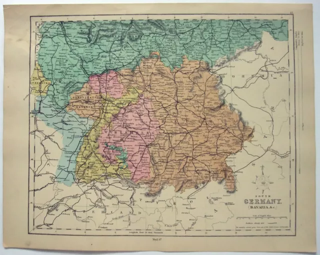 Southern Germany - Original 1878 Map by William Hughes & John Dower. Antique