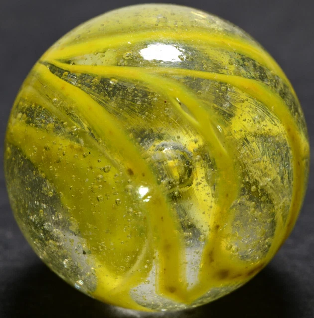 Large Yellow Veiligglas Vintage Marble Busy Fizzy Wirepull Type 3, 50's  31/32''