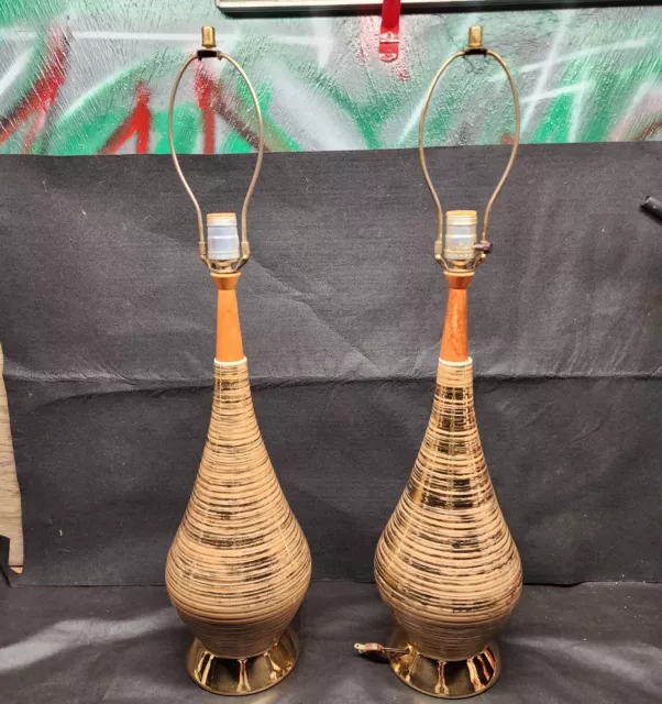 Mid Century Modern Danish Textured Ceramic Art Pottery Lamps Set Of 2 Gold Tone