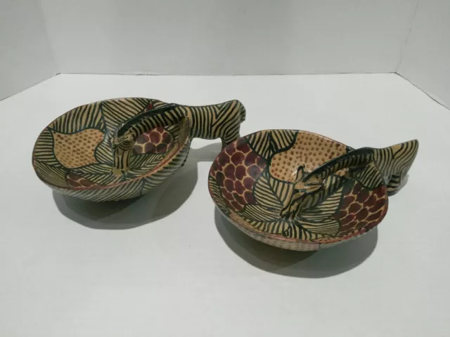 Zebra Drinking Water African Wood Trinket Bowl Hand Carved Painted Set Of 2