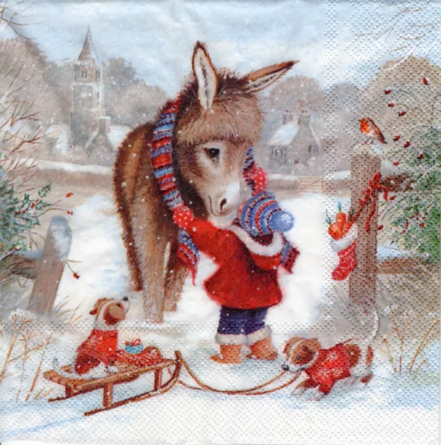 3 Servietten ~ Weihnachten, Kinder, Winterspiele, Esel, Welpen ~ 33x33 cm