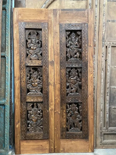 Pair Vintage Ganesha Sliding Barndoor, Carved Door, Ganesh Temple Indian Door 4
