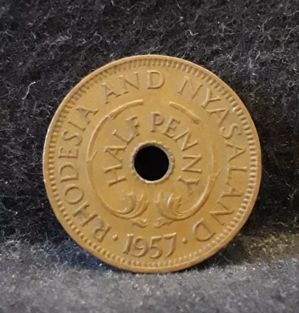 1957 Rhodesia & Nyasaland half penny, Elizabeth II, better grade, KM-1 (RN5)