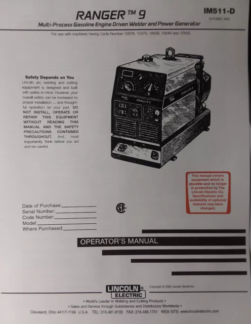 Lincoln Ranger 9 Welder & Onan Engine Owner, Master Service & Parts (4 Manual s)