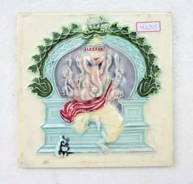 Vintage Old Ceramic Hindu Religious Lord Ganesh Tiles Wall Decor Japan  NH4235